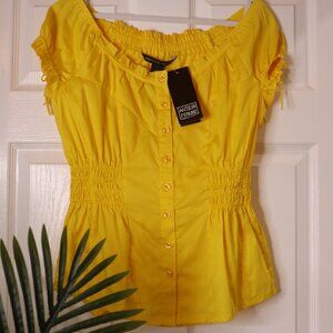 NWT Antilia Femme Bright Yellow Button up Blouse summer top cotton blend peplum